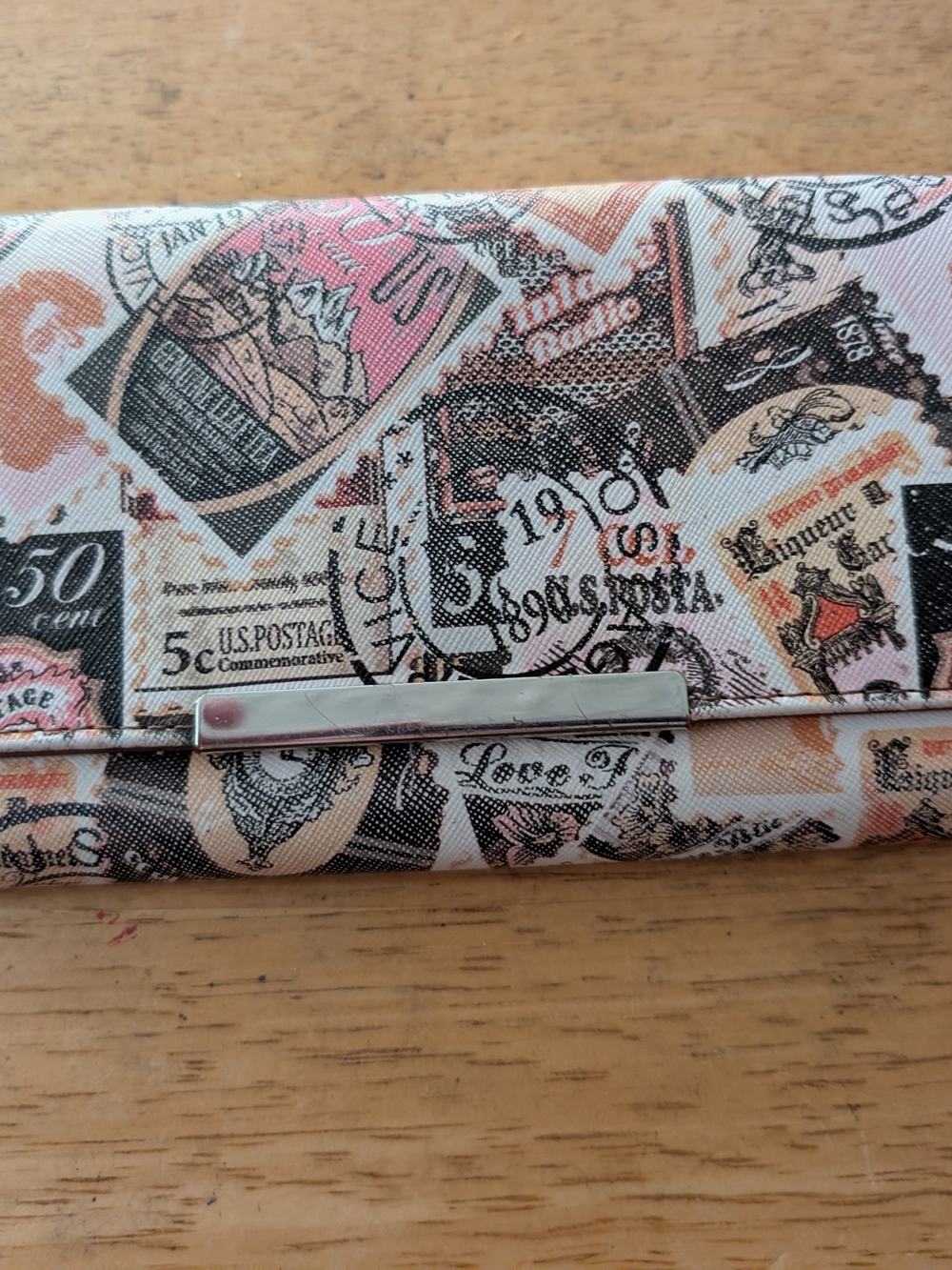 Women's Stamp Print Wallet Clutch in Pink and Brown
